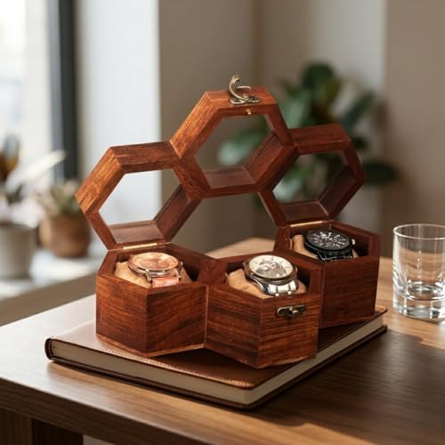 Image of Honeycomb Design Wooden Watch Box, 3 Compartment Handmade Organizer Case, Golden Brown Velvet Lined Gift For Men & Women, Dustproof Storage Box & Durable