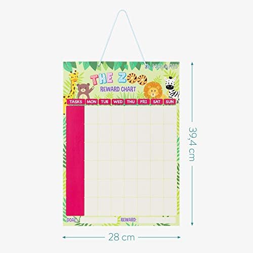 Navaris Kids Magnetic Reward Chart - Behaviour Rewards Board Weekly Planner for Children - With Stars, Activity Magnets, Pen - Zoo Design