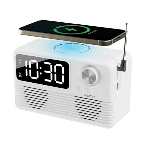Xech Retro Alarm Clock Speaker with Wireless Charger | Dual Loud Alarms for Heavy Sleepers | Vintage Radio Design | Digital Display, Multi-Charger |...