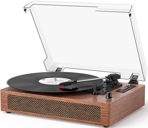 Vinyl Record Player with Bluetooth & Built-in Stereo Speakers, 3-Speed Belt-Drive Turntable with Vinyl Recording to USB/TF Card, Auto Stop, AUX & RCA Out, Vintage Walnut