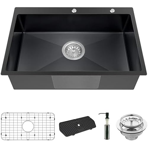 Black Kitchen Sink, Stainless Steel Drop In 33x22x9 Inch Single Bowl Topmount Kitchen Sink Combo-Stainless Grid,Soap Dispenser,Faucet Mat,Drain Strainer Set for Modern Style Kitchen&Bar