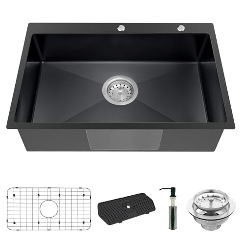 Black Kitchen Sink, Stainless Steel Drop In 33x22x9 Inch Single Bowl Topmount Kitchen Sink Combo-Stainless Grid,Soap Dispenser,Faucet Mat,Drain Strainer Set for Modern Style Kitchen&Bar by Koardink - Used condition - US$147.38