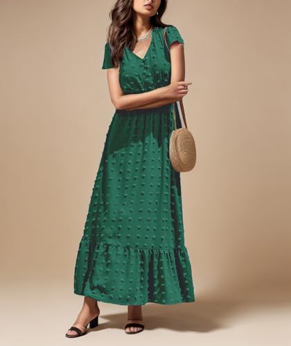 Robe longue d'été fluide chic et décontractée avec col en V à volants