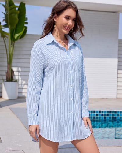 Image of Bsubseach Women Long Sleeve Beach Shirt Blouses Bathing Suit Cover Up Button Down Collar