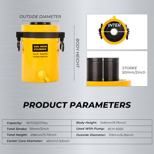 Image of 60T Hydraulic Cylinder Jack, 2 inch Stroke Hollow Single Acting Hydraulic Ram Lifting Cylinder RCH-6050 Automatically Porta Power Jack for Shipbuilding, Machinery, Construction