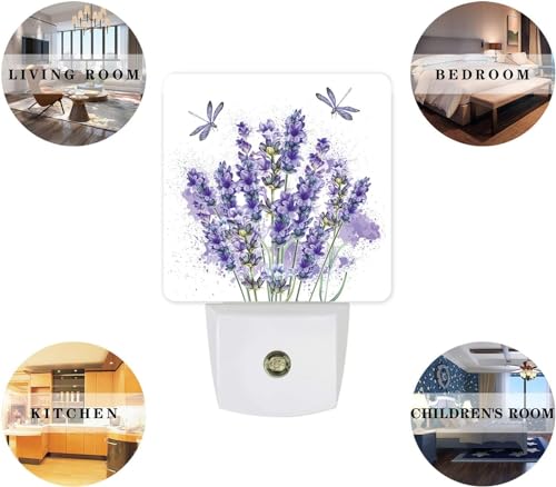 Image of Purple Lavender Plug-in LED Night Light,Purple Dragonfly Nature Angel Auto Dusk to Dawn Sensor Nightlights Plug into Wall,White Energy Efficient Night light for Bedroom,Bathroom,Kitchen,Stairs,Hallway