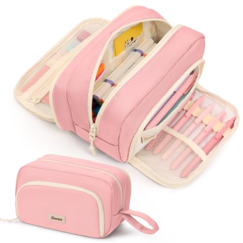 Image of SUNEE Large Pencil Case, Big Capacity Pen Pouch with 3 Compartments, Kawaii Cute Pencil Bag with Zipper, High Storage Stationery Holder and Organizer, School Supplies for Teen and Adult Girls, Pink