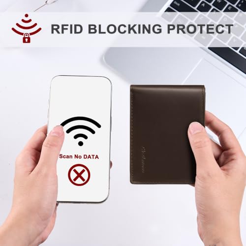 Image of Chelmon Genuine Leather Slim Wallet for Men ID Window with RFID Blocking Minimalist Mens Front Pocket Bifold Bussiness Card Holder Gift for Men, Craze Horse Brown