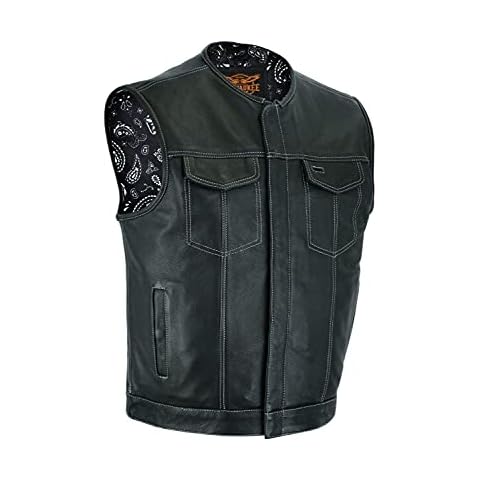 Bikers Place Mens Motorcycle Collarless Paisley Bandana White Liner Leather Vest Stitching SOA Style Exterior Gunpocket (XL) Cover