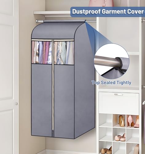 SLEEPING LAMB 54\'\' Hanging Garment Bags for Closet Storage Sealed Completely Jackets Coats Suits Clothes Rack Cover for Wardrobe with Clear PVC Window, 2 Packs, Grey(Hanging Rod Not Included) - Thumbnail 3