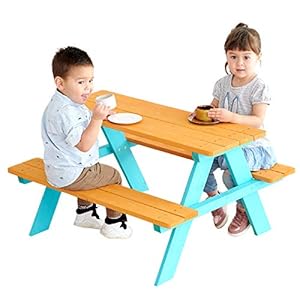 Teamson Kids - Wooden Outdoor Child Children Kids Picnic Table & Chair Bench Set - Brown/Aqua Teamson Kids Wooden Outdoor Child Children Kids Picnic Table Chair Bench Set BrownAqua