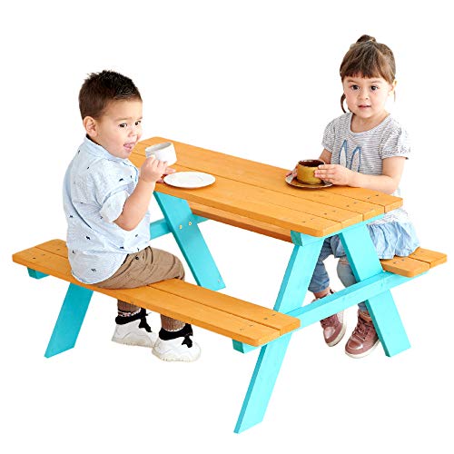 Teamson-Kids-Wooden-Outdoor-Child-Children-Kids-Picnic-Table-Chair-Bench-Set-BrownAqua Teamson Kids Wooden Outdoor Child Children Kids Picnic Table Chair Bench Set BrownAqua