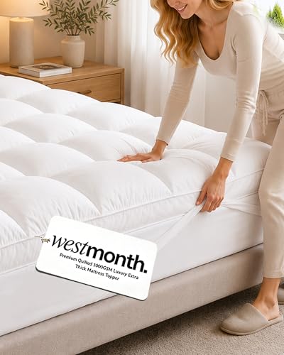 Mattress Topper 1000gsm Westmonth Extra Thick Pillow Top Mattress Pad Cooling Breathable FluffyQuilted Bed Topper for Back Pain Relief Hotel Quality with 8-21 Deep Pocket (White Queen)