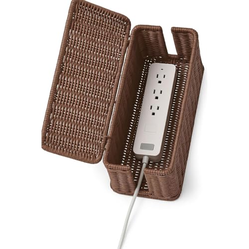 Image of Soko Woven Faux Rattan Cable Management Box| Cord Hider with Lid, 2 Open Slots Surge Protector | Power Strips, Router, TV, Gadget Wires Organizer Tray for Desktop, Table-Home, Office (Large) Brown