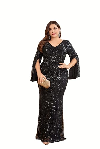 Plus Size Long Glitter Mermaid Dress for Mother of The Bride Women's Long Sleeve V-Neck Sequin Formal Gown