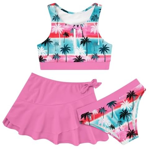 Enlifety Girls Bathing Suit Size 11-12T Pink Plam Tree 3D Printed Swimsuits Summer Hawaii Swimwear for Beach Vacation Cover