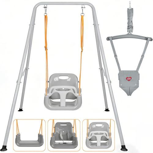 2 in 1 Toddler Swing Jumper with Frame Outdoor Indoor Baby Swing with Safety Belt for Indoor and Outdoor Use Foldable Metal Stand & Clear Instructions Easy to Assemble