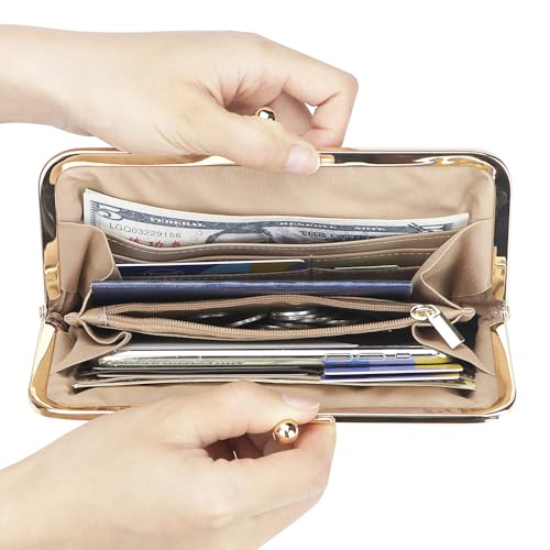 Image of Royal Bagger RFID Kiss Lock Wallet, Solid Color Multi-card Slots Card Holder, Genuine Cow Leather Clutch Purses for Women 1468 (Rose (2468))