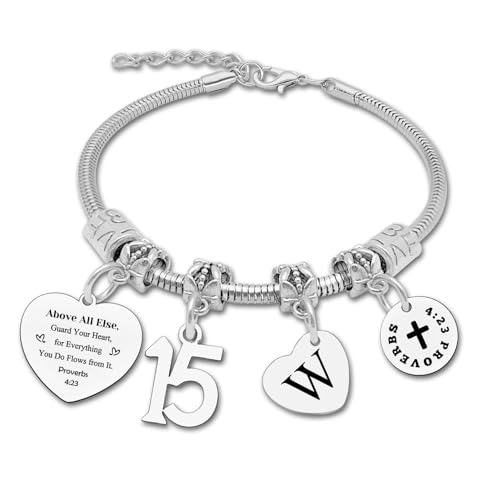 Image of 15th Birthday Gifts Bracelet Initial Gifts for Girls Christian Bracelet Happy 15th Birthday Gift for Daughter Granddaughter Son Letter A-Z Gift Bible Verse Gifts Inspirational Gift for Niece Friends