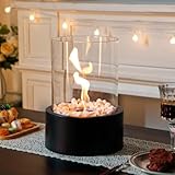 Schwarz Tisch-Kamin Windlicht 28 cmH, Feuerschale Tischlampe aus Metall und Glas
