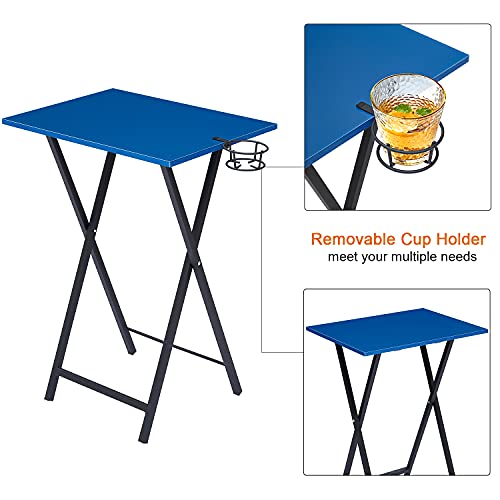Vecelo Folding Tv Trays Set Of 2, Snack Eating Tables With Cup Holder, Suitable For Couch, Kitchen, Living Room And Bedroom, Stable Metal Frame, Easy Assembly And Storage, Dark Blue #TOP5