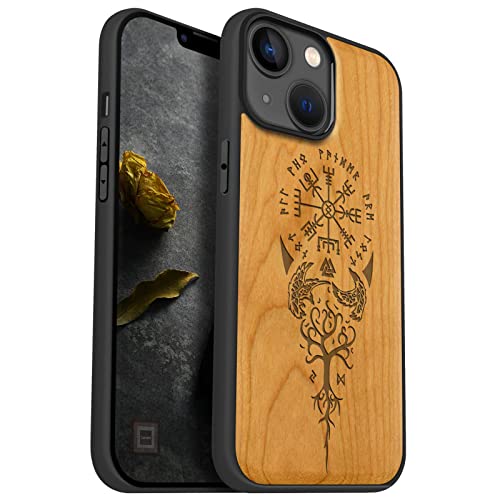 Carveit Funda de Madera para iPhone 14 Magnética TPU Silicona Compatible con 14 MagSafe Accesorios Carcasa Absorción de Impacto (Cereza-Brújula Vikinga) Cover