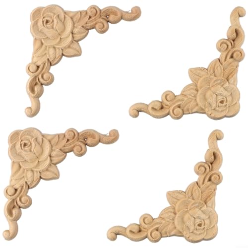 4 apliques de esquina tallados en madera, 8 x 8 cm, molduras decorativas de madera para armario, chimenea, cama, pared, puerta, espejo, cabecero, decoración de marco de banco