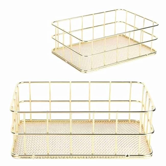 Wire Mesh Basket, Multifunctional Golden Iron Storage Basket Desktop Wire Mesh Storage Organizer for Office Home Kitchen, Metal Storage Basket Iron Grid Storage Tray Net Basket Storage Bins(S