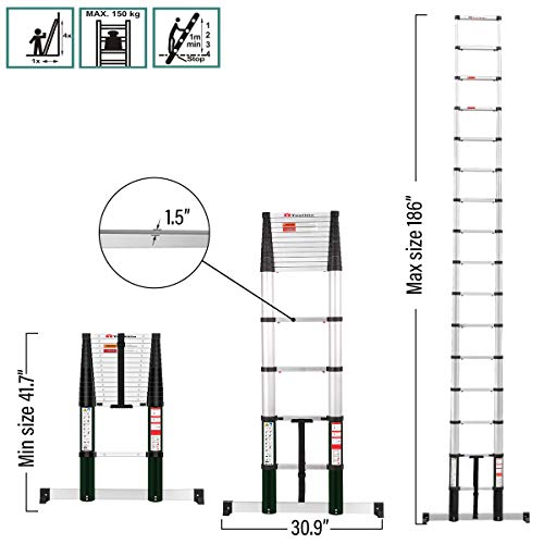 TOOLITIN 15.5FT Telescoping Ladder with Stabiliser Bar,Slow Down Design Aluminum Telescopic Extension Ladder, One Button Retraction Multi-Purpose Collapsible Ladder, 330 Lb Capacity - Thumbnail 2