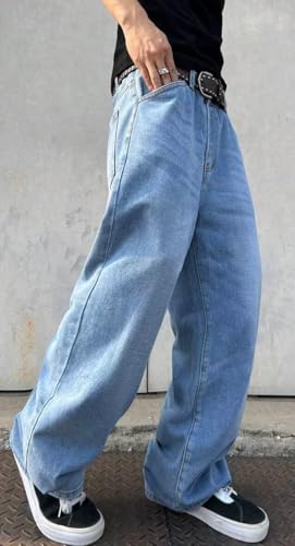 Image of HUNGSON Mens Baggy Jeans for Men Women Y2k Skater Vintage Plain Pants Casual Wide Leg Jeans Loose Fit Denim Jeans