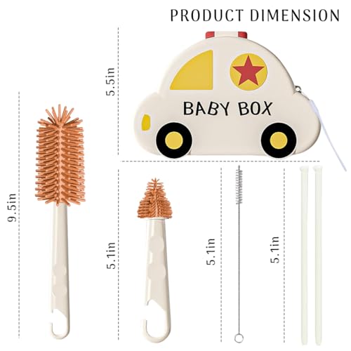 Image of Tony Stark 6-in-1 Baby Bottle Cleaning Brush Set - Includes Silicone Bottle Brush, Nipple Cleaner, Straw Brush, Soap Dispenser, Storage Box, and Bottle Drying Rack |Silicone Bristles (Car Design)
