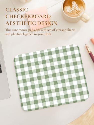 Image of Square Cute Checkered Mouse Pad with Stitched Edge, Premium Waterproof Cloth Aesthetic Small Plaid Mouse Mat, Non-Slip Rubber Base Funny Mousepad Desk Accessories,Green White