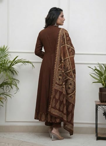 Image of GoSriKi Women's Rayon Viscose Anarkali Printed Kurta Pant with Dupatta | Anarkali Kurta Set for Women | Flared Kurti Pant Set | Ethnic Printed Suit for Women