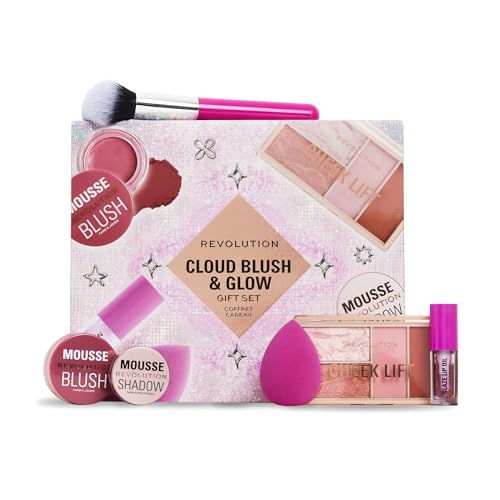 Revolution Beauty London, Beauty Cloud Blush & Glow Highlight Makeup Gift Set, 6-Piece Holiday Set with Eyeshadows, Blush, & Nourishing Lip Oils, Vegan & Cruelty-Free