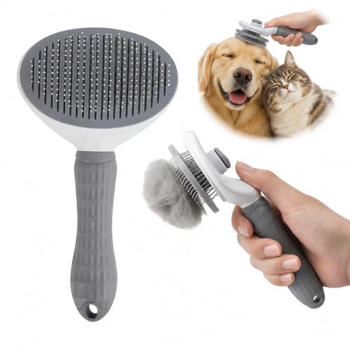 Schnupa Hundebürste & Fellbürste – Selbstreinigende Unterwollbürste für Kurz- & Langhaar, Ergonomischer Griff, Ein-Klick-Reinigung, Patentiertes Design für Haustiere (Grau)