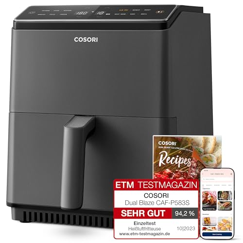 COSORI Heißluftfritteuse XXL, Dual Blaze, 6,4 L(1.8kg) Wifi verbunden, Airfryer mit 12 Multifunktionen, 90+ Online Rezept & Rezeptbuch, Full Touch Screen, 1700W, Dunkelgrau