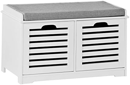 Haotian FSR23-K-W, White Storage Bench with 2 Drawers & Removable Seat Cushion, Shoe Cabinet Shoe Bench