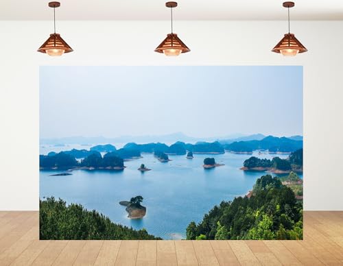 5x3ft Qiandao Lake Backdrop Thousand Islands Lake Landscape Photography Background for Nature Party Serene Gathering Rustic Decorations Tapestry Photo Booth Props