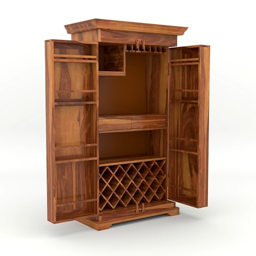 Image of Sheesham Solid Wood New Pre-Assemble Wooden Stylish Bar Cabinet /Wine Rack /Beer Bar /with Wine Glass Storage (Honey)