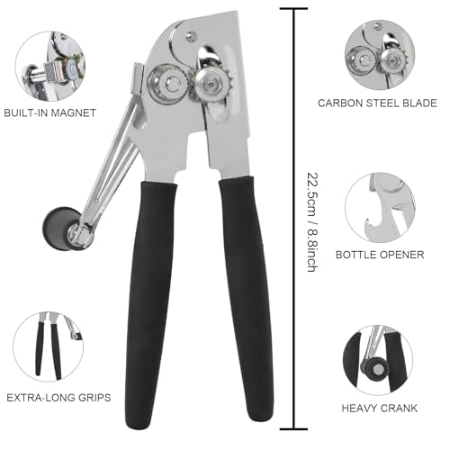 Commercial Can Opener with Magnet, Manual Heavy Duty Folding Hand Crank Can Opener Smooth Edge with Comfortable Long Handles, Fit All Size Cans, Large Cans
