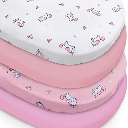 Bassinet Sheet 4 Pack For Baby Girl, Bassinet Sheets Universal Fit For Rectangle, Oval, Hourglass Bassinet Pad/Mattress, Stretchy Bassinet Sheets, Pink #TOP12