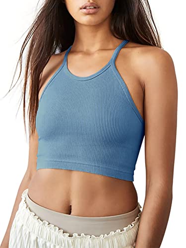 Laslulu Womens Sports Bra Halter Neck Crop Tops Cropped Spaghetti Strap Tank Tops Seamless Casual Camisole Longline Running Bra Crop Top For Teen Girls(Blue Medium) #TOP1