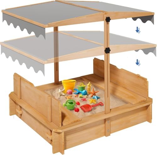 Wooden Sandbox with Cover and Canopy, Height Adjustable UV-Protected Kids Sandbox for Backyard Outdoor Play, Foldable Bench Seats and Protective Bottom Liner