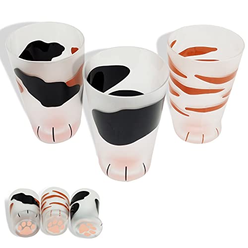 Katze Pfoten Mattiert Glas Tasse,Cat Paw Glass Cup 3 Stück,kreative Katzenklaue, Milchglas-Tasse,Milch Katze Tassen,Büro,Frühstück Kaffee Becher,Geschenk zum Geburtstag (A+B+C) Cover