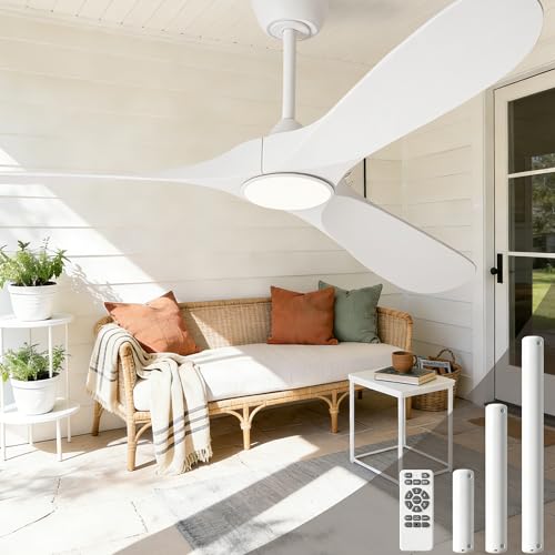 Image of 72 inch White Ceiling Fan with Light and Remote, Large Modern Outdoor Ceiling Fans with Lights for Patios Porch Indoor Living Room Bedroom Wood 3 Blade Propeller High CFM Damp Rated Fan