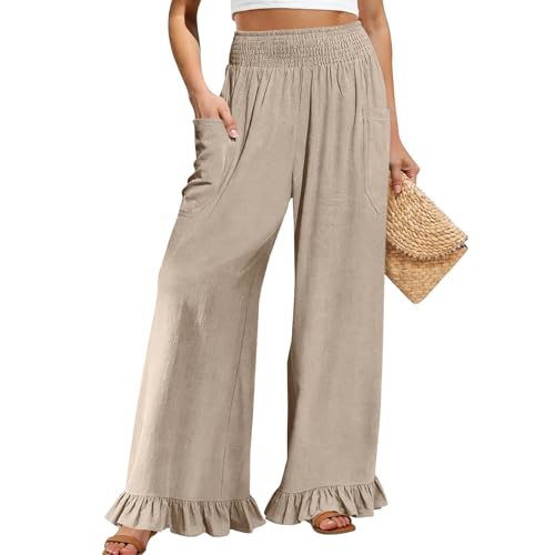 Image of Palazzo Pants for Women Linen Smocked Elastic Waist Ruffle Wide Leg Pants Summer Beach Flowy Boho Pant with Pockets