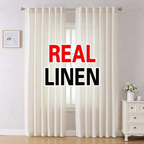 MIUCO Linen Curtains 84 Inches Long for Bedroom Living Room, Light Filtering Curtains, Boho Curtains Modern Neutral Décor Farmhouse Drapes, Rod Pocket & Back Tab Curtains, 2 Tiebacks 2 Panels Natural