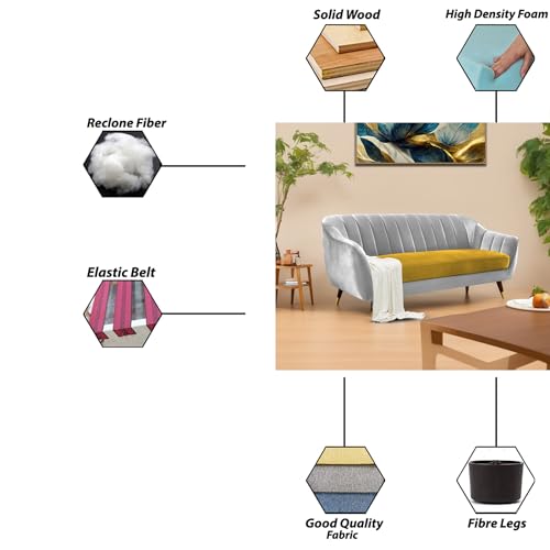 Image of Casaliving Anyse 3 Seater Sofa Set for Living Room (Yellow Grey Fabric) Premium Fabric Sofa