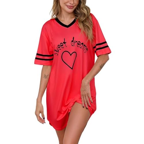 Marvmys Women Short Sleeve Nightgowns Comfy V Neck Nightshirt Casual Lounge Dress Sleepwear Large Coral Red