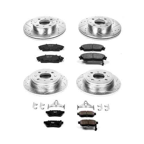 Image of PowerStop Front and Rear Brake Kit for Honda CRX 1990-91 - Drilled and Slotted Disc Rotors with Carbon-Fiber Ceramic Brake Pads Replacement, K403